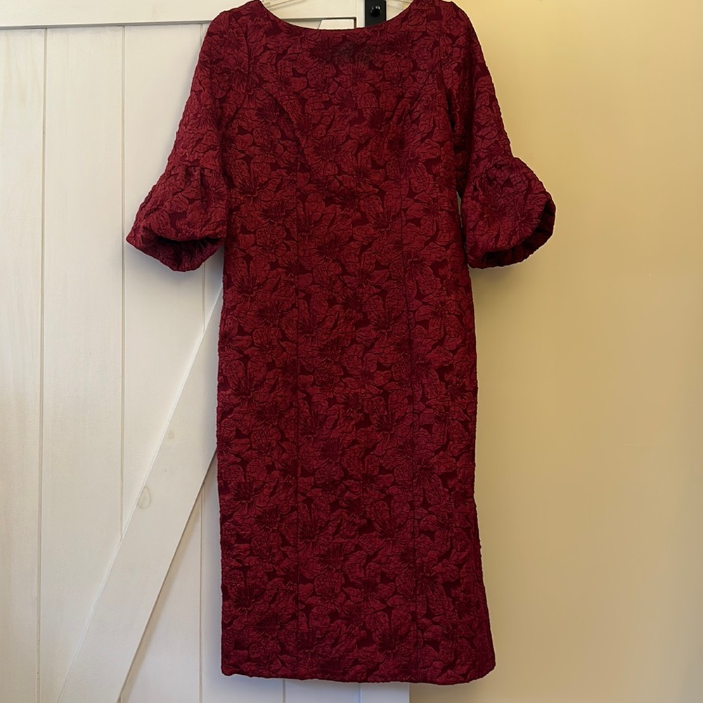 JS Collections deep burgundy, size 14, jacquard floral cocktail dress. Midi.
